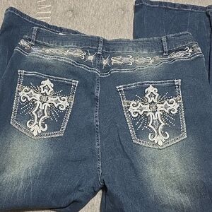ROMWE Dark Blue Boot Cut Jeans with White Embroidery